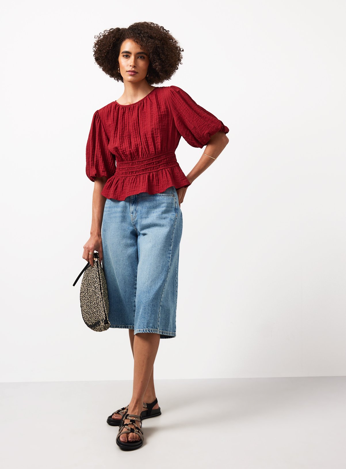 Dark Red Textured Waisted Short Sleeve Blouse 12 - Image 2 thumbnail